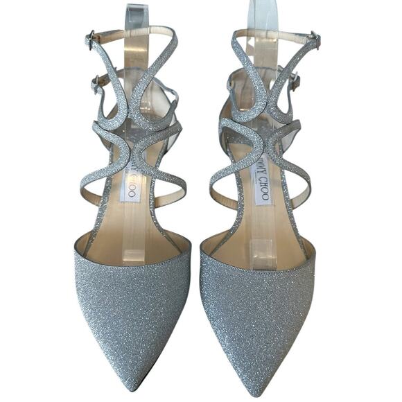Jimmy Choo Lancer 35 Silver Glitter Pointed Toe Kitten Heel 39 - Picture 1 of 10